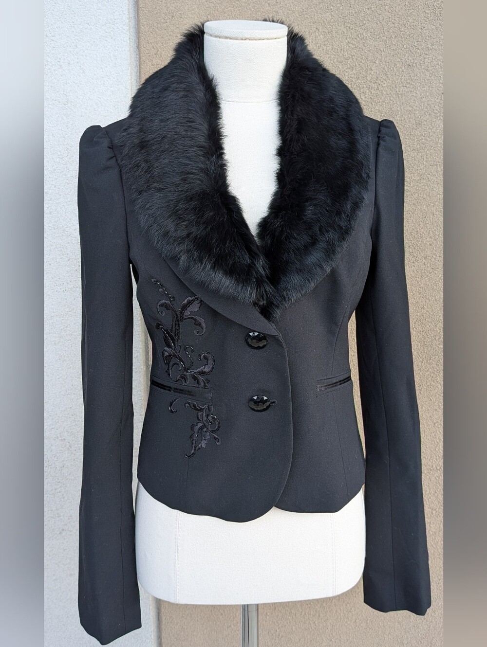 Guess Genuine Rabbit Fur Collar Embroidered Crop Blazer Jacket Medium
